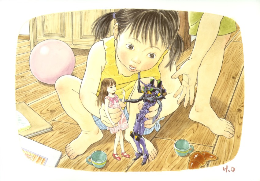 10s, 1boy, 1girl, barefoot, black_eyes, black_hair, child, doll