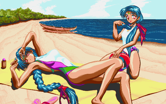 1990s_(style), 2girls, barefoot, beach, beach_towel, blue_hair, boat, bow