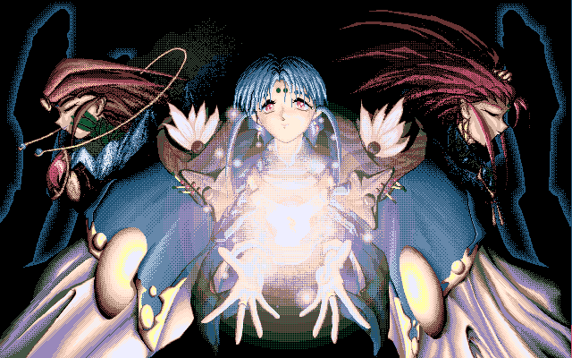 1990s_(style), 3girls, blue_hair, brown_hair, dark, dithering, energy_ball, closed_eyes