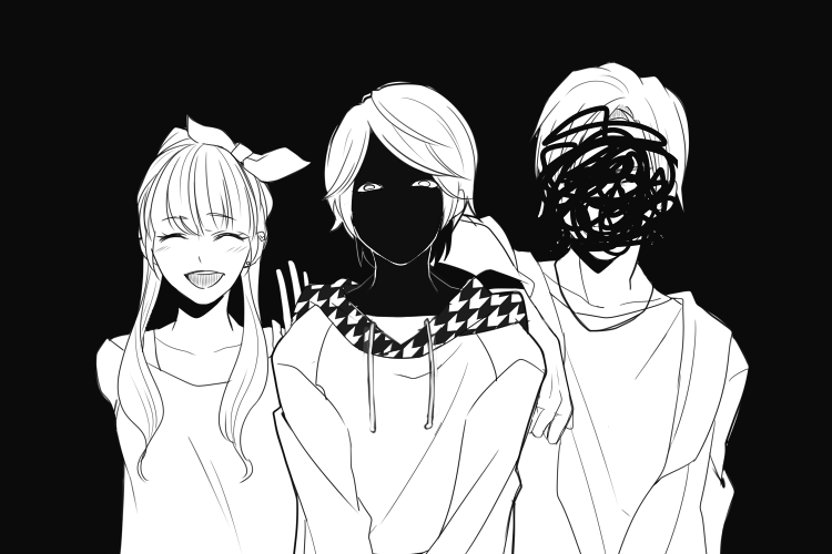 1girl, 2boys, arm_on_another's_shoulder, arms_behind_back, az_y, bad_id, bad_pixiv_id, black_background