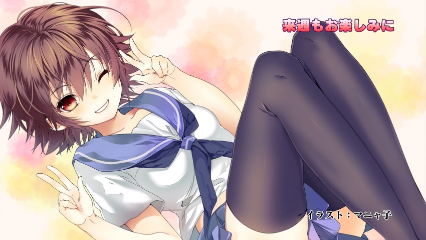 10s, 1girl, brown_hair, double_v, eyecatch, grin, highres, looking_at_viewer