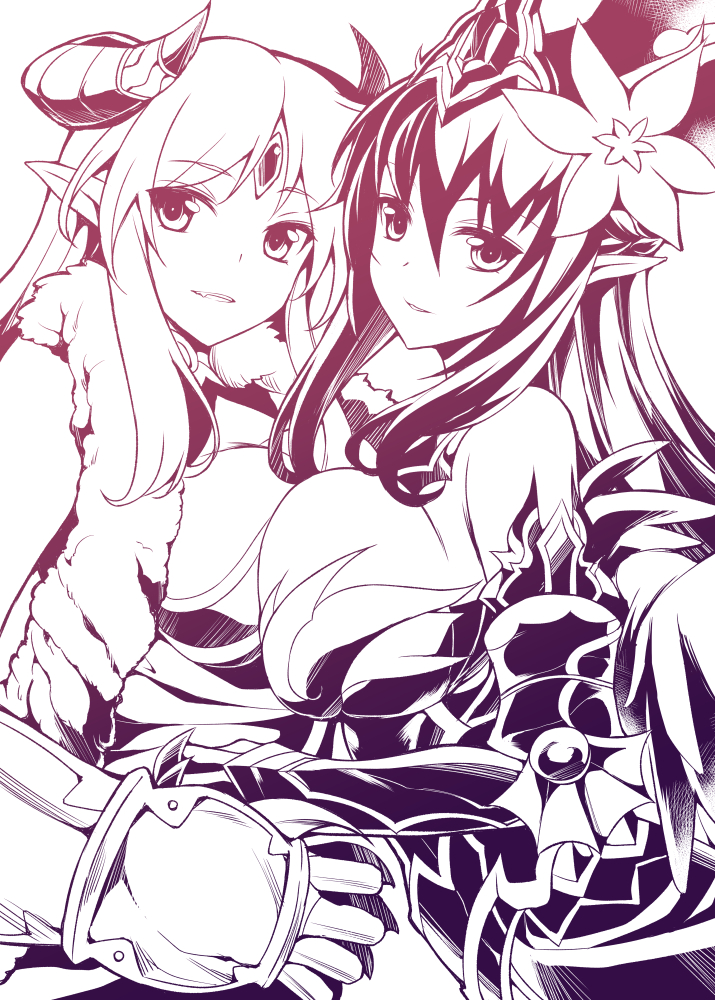 2girls, bare_shoulders, breast_press, breasts, flower, flower_on_head, gauntlets, grin