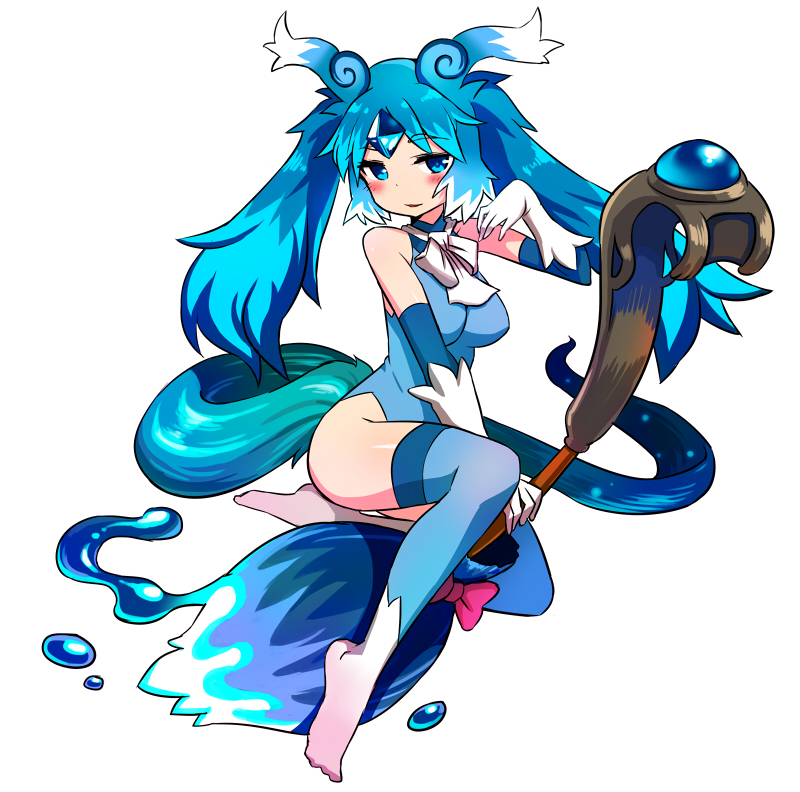1girl, bare_shoulders, blue_eyes, blue_hair, blush, carbuncle_(p&amp;d), female_focus, gloves, long_hair, matching_hair/eyes, mercury_light_carbuncle, personification, puzzle_&amp;_dragons, solo, staff, tail, white_gloves, zaxwu