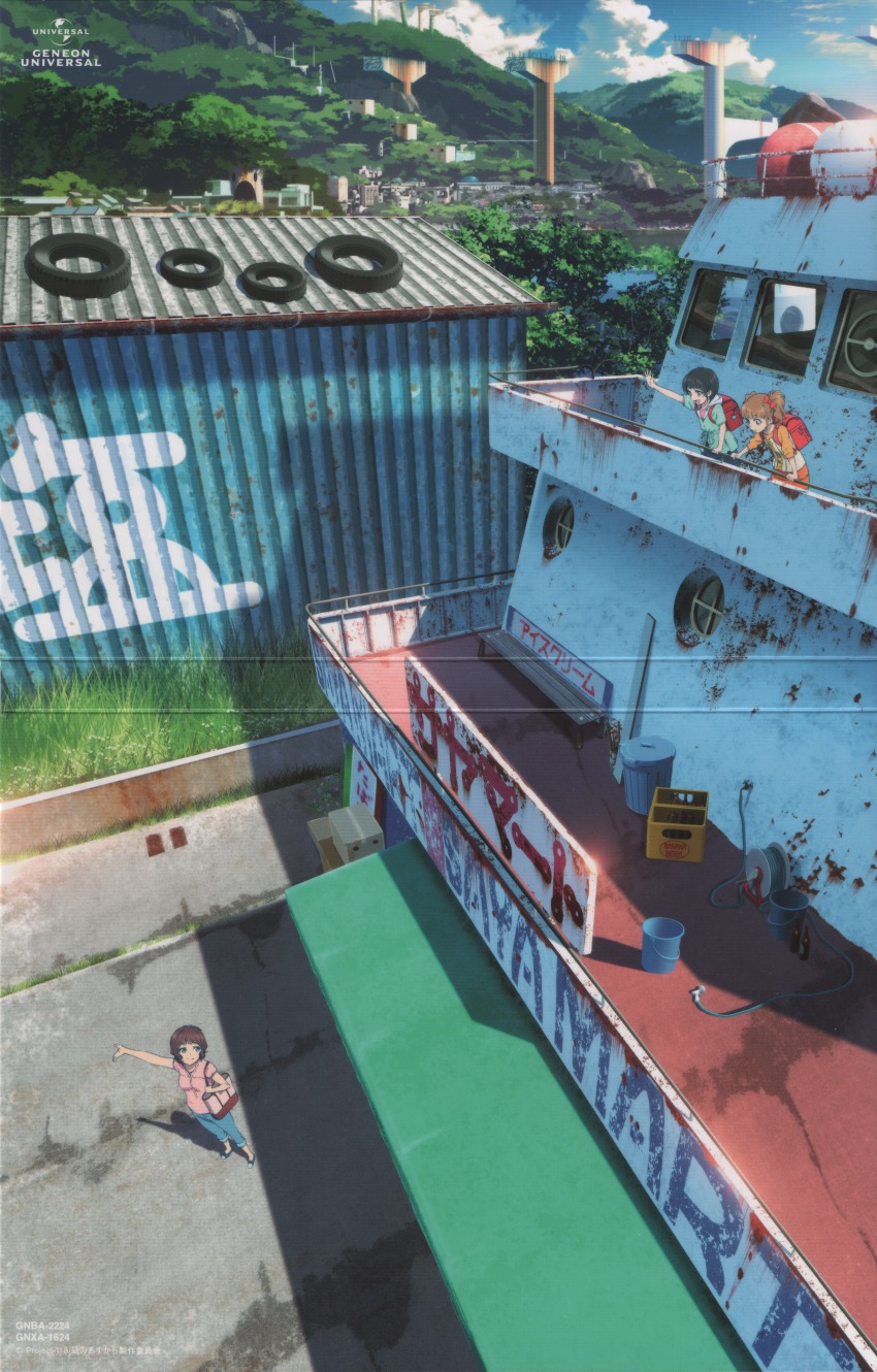 10s, 3girls, absurdres, backpack, bag, building, casual, corrupted_metadata, crease, handbag, highres, hisanuma_sayu, huge_filesize, multiple_girls, nagi_no_asukara, official_art, randoseru, sakishima_akari, scan, scenery, shiodome_miuna, waving