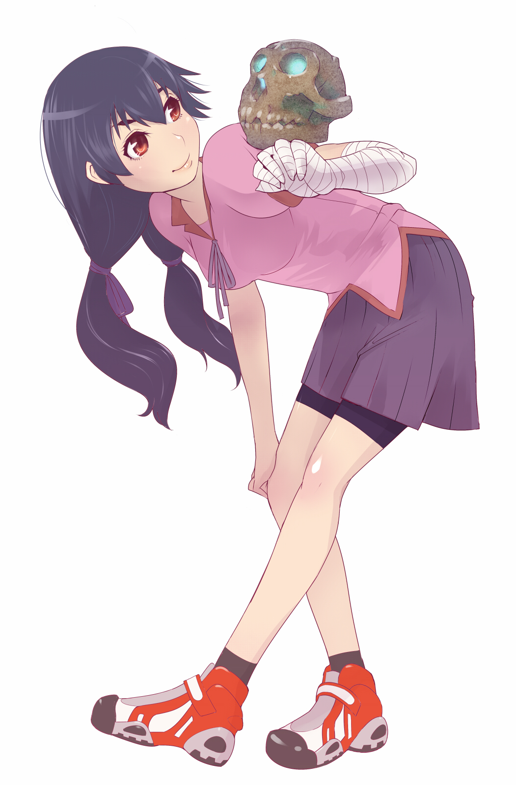 10s, 1girl, bandages, bike_shorts, black_hair, brown_eyes, hanamonogatari, highres