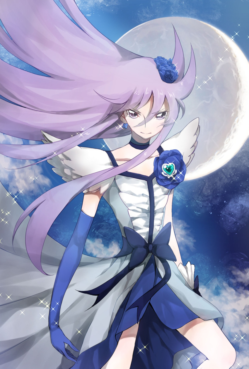 10s, 1girl, asymmetrical_clothes, bad_id, bad_pixiv_id, bow, brooch, choker, cure_moonlight, dress, earrings, eyelashes, female_focus, flower, full_moon, gloves, hair_flower, hair_ornament, heart, heart_brooch, heartcatch_precure!, highres, jewelry, lacolon, long_hair, looking_at_viewer, magical_girl, moon, night, precure, purple_eyes, purple_hair, ribbon, serious, single_glove, solo, standing, tsukikage_yuri, waist_bow, wrist_cuffs