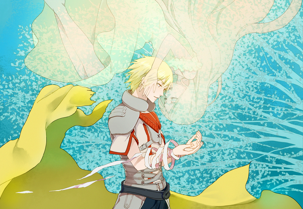 10s, 1boy, 1girl, bandages, blonde_hair, dx_luccafort, habuki, landreaall, long_hair, marion_(landreaall), short_hair, transparent, upside-down