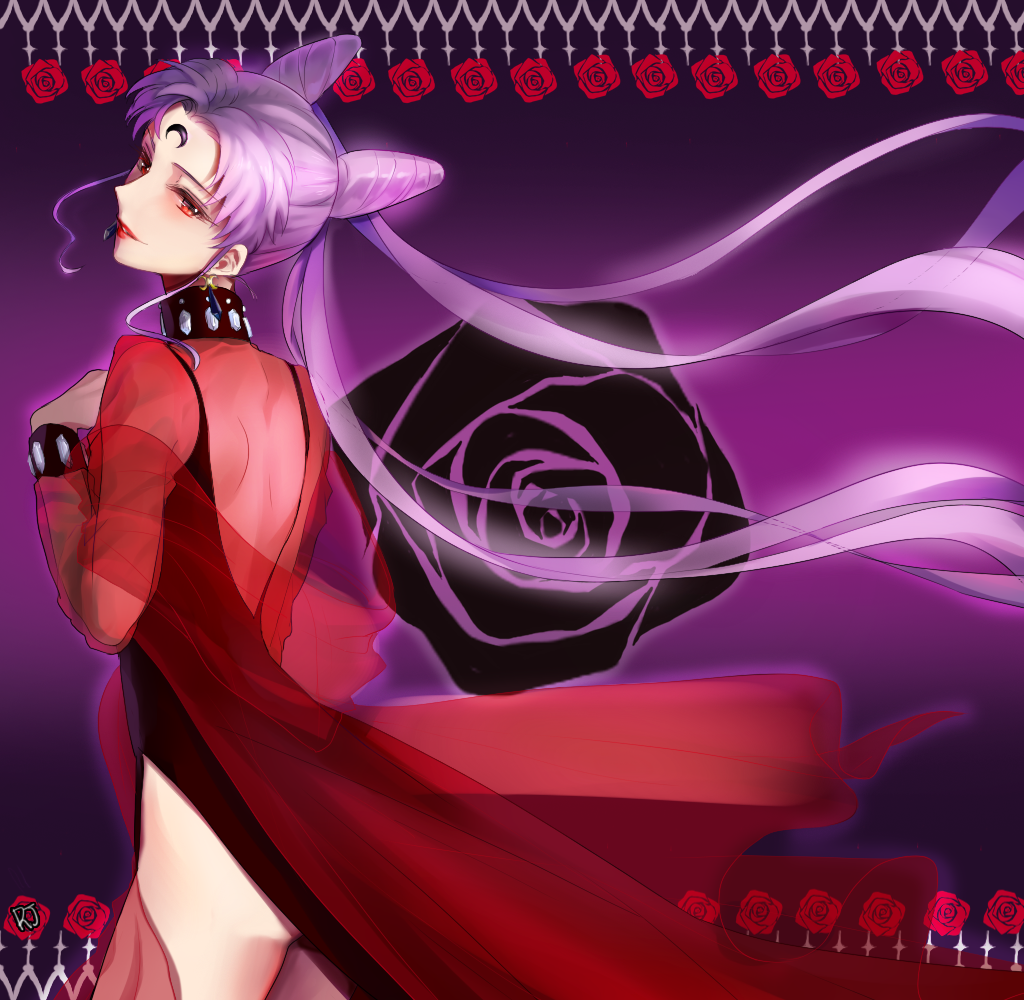 1990s_(style), 1girl, aged_up, aruze, bad_id, bad_pixiv_id, bishoujo_senshi_sailor_moon, bishoujo_senshi_sailor_moon_r, black_lady_(sailor_moon), chibi_usa, cone_hair_bun, crescent, crescent_facial_mark, dark_persona, double_bun, dress, earrings, facial_mark, female_focus, flower, forehead_mark, hair_bun, jewelry, long_hair, purple_hair, red_eyes, retro_artstyle, rose, see-through_clothes, side_slit, solo, twintails, very_long_hair