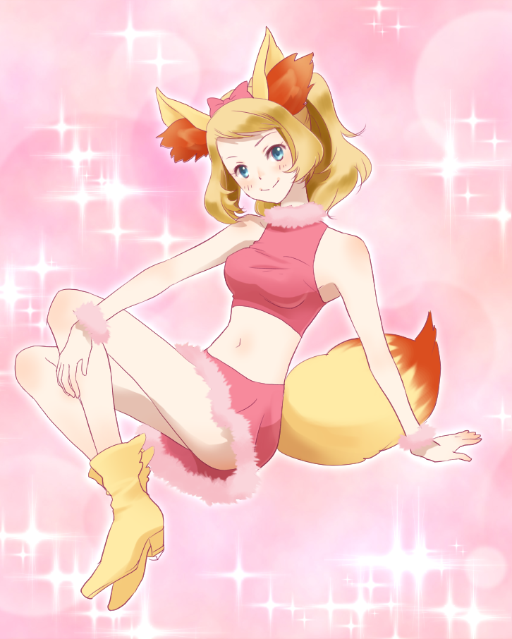 10s, 1girl, animal_ears, blonde_hair, blue_eyes, boots, cosplay, crop_top, fake_animal_ears, fake_tail, female_focus, fennekin, fennekin_(cosplay), fur_trim, gen_6_pokemon, hair_ribbon, high_heel_boots, high_heels, long_hair, midriff, navel, nintendo, missing_headwear, pokemon, pokemon_(anime), pokemon_x_and_y, ponytail, ribbon, serena_(pokemon), skirt, sleeveless, smile, solo, sparkle, tail, vuipui