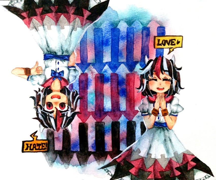 1girl, 2girls, andonkurage, arrow_(symbol), bangle, black_hair, bow, bracelet, dual_persona, english_text, highres, horns, jewelry, kijin_seija, multicolored_hair, multiple_girls, own_hands_clasped, own_hands_together, painting_(medium), red_eyes, red_hair, short_hair, short_sleeves, small_horns, streaked_hair, thumbs_down, touhou, traditional_media, upside-down, watercolor_(medium), white_hair