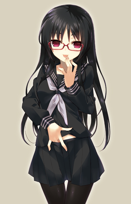 1girl, black_hair, black_pantyhose, black_serafuku, dasoku_sentarou, female_focus, glasses, grey_background