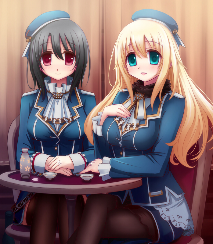 10s, 2girls, akisame_rizu, alcohol, atago_(kancolle), beret, black_hair, black_legwear, blonde_hair, blush, breasts, chair, choko_(cup), cup, green_eyes, hat, jacket, jewelry, kantai_collection, long_hair, medium_breasts, military, military_jacket, military_uniform, multiple_girls, pantyhose, personification, red_eyes, revision, ring, sake, short_hair, sitting, skirt, smile, table, takao_(kancolle), thighhighs, tokkuri