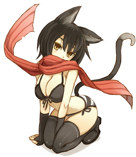 1girl, animal_ears, bikini, black_hair, blush, boots, brown_eyes, cat_ears, cat_tail, female_focus, fingerless_gloves, gloves, looking_at_viewer, original, red_scarf, scarf, senhappyaku, side-tie_bikini_bottom, simple_background, solo, striped_bikini, striped_clothes, swimsuit, tail, thigh_boots, thighhighs, white_background