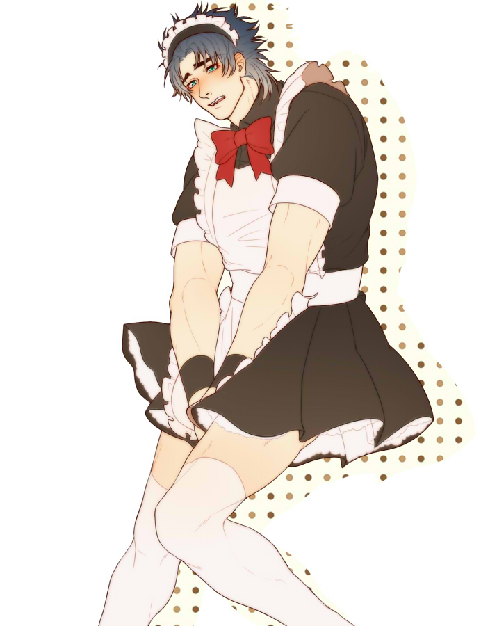 1boy, alternate_costume, apron, blue_eyes, blue_hair, bow, crossdressing, crossdressing_(mtf), enmaided, jirou_(satsuma0083), jojo_no_kimyou_na_bouken, jonathan_joestar, maid, maid_apron, maid_headdress, male_focus, male_maid, manly, matching_hair/eyes, solo, thighhighs, white_thighhighs, zettai_ryouiki