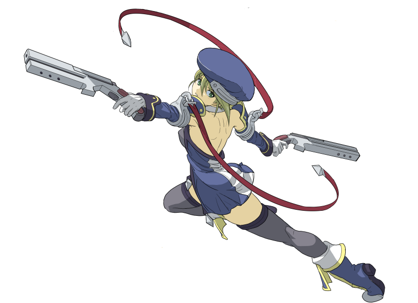 1girl, back, black_thighhighs, blazblue, blonde_hair, blue_boots, bolverk, boots, detached_sleeves, dual_wielding, female_focus, full_body, gloves, green_eyes, gun, hat, holding, knee_boots, miniskirt, noel_vermillion, short_hair, skirt, solo, studiokougubako, thighhighs, thighhighs_under_boots, uniform, weapon, white_background