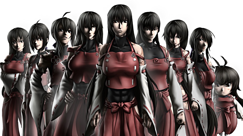 6+girls, abs, ahoge, alternate_costume, alternate_hairstyle, bare_shoulders, black_hair, breasts