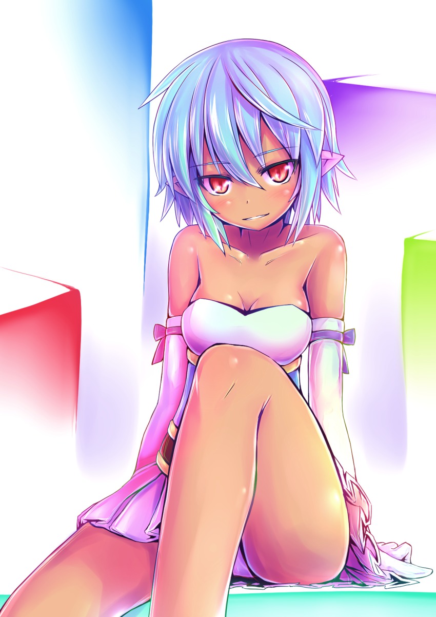 1girl, arm_support, bare_shoulders, blue_hair, blush, breasts, cleavage, collarbone, dark-skinned_female, dark_skin, elbow_gloves, eyebrows, female_focus, gloves, gradient_background, highres, legs, looking_at_viewer, medium_breasts, noin_(shinrabanshou), pointy_ears, red_eyes, shinrabanshou, short_hair, sitting, solo, white_gloves, zyugoya