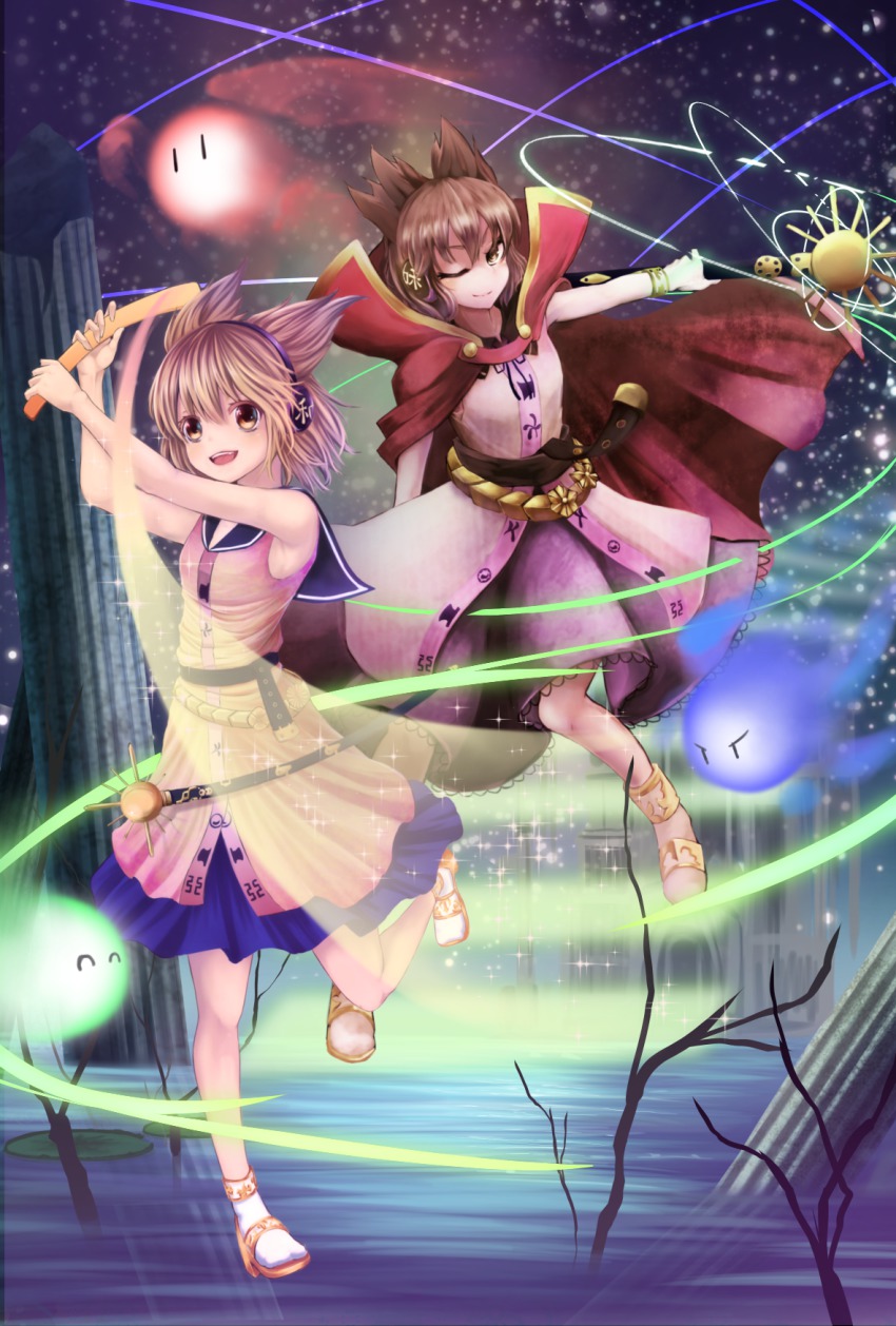 1girl, :d, ;), artist_collaboration, baton, blonde_hair, bracelet, brown_hair, cape, divine_spirit_(touhou), dual_persona, earmuffs, highres, hopeless_masquerade, jewelry, komakinyan, lots_of_jewelry, one_eye_closed, open_mouth, pi-pie, pillar, ritual_baton, short_hair, smile, touhou, toyosatomimi_no_miko, wink, yellow_eyes