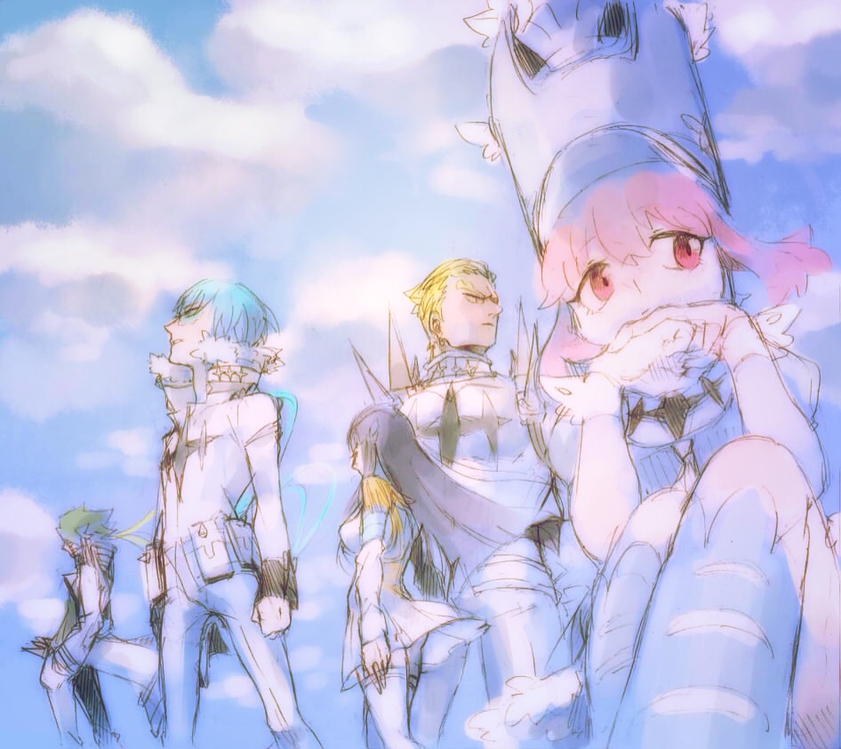 10s, 2girls, 3boys, black_hair, blonde_hair, blue_hair, blue_sky, cloud
