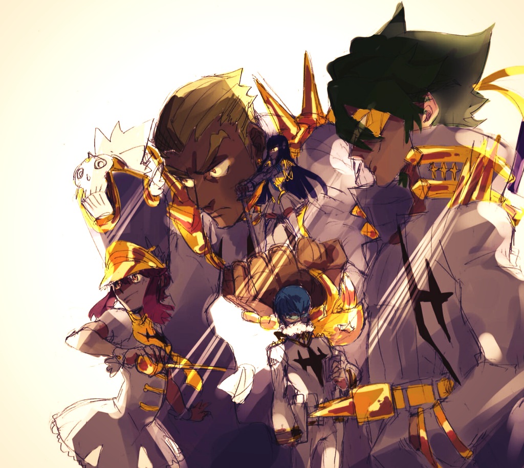 10s, 2girls, 3boys, baton, conductor_baton, dress, gamagoori_ira, group_picture