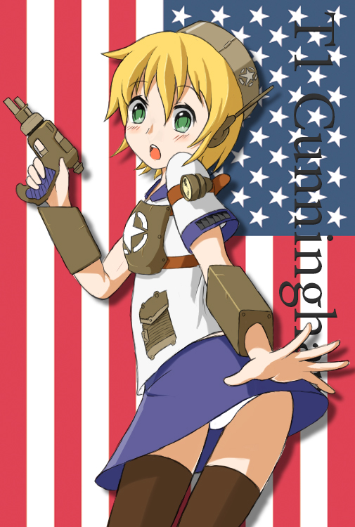 1girl, adana, american_flag, armor, blonde_hair, breastplate, character_name, female_focus, green_eyes, gun, handgun, hat, md5_mismatch, military, military_vehicle, motor_vehicle, open_mouth, panties, pantyshot, personification, pistol, short_hair, skirt, solo, standing, t1_cunningham, tank, thighhighs, underwear, upskirt, vehicle, weapon, white_panties, world_of_tanks