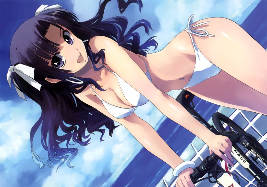 1girl, arm_support, bicycle, bikini, black_eyes, black_hair, day, dutch_angle, female_focus, hair_ribbon, highres, kamikura_fuyune, long_hair, matsumoto_noriyuki, minami-kamakura_koukou_joshi_jitensha-bu, navel, ocean, official_art, open_mouth, outdoors, ribbon, side-tie_bikini_bottom, solo, swimsuit, water, white_bikini, wristband