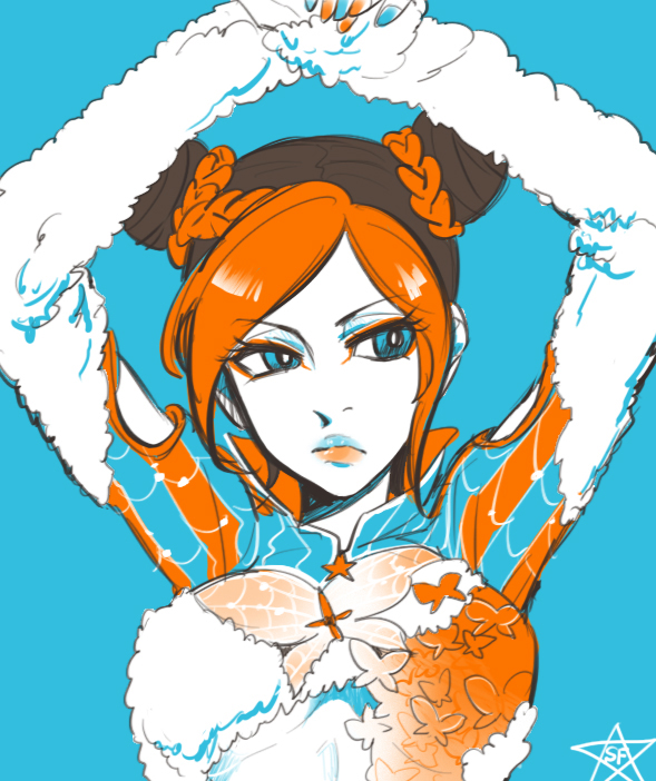 1girl, black_hair, blue_eyes, breasts, bug, butterfly, double_bun, female_focus