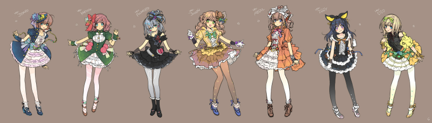 6+girls, adapted_costume, bad_id, bad_pixiv_id, black_hair, black_legwear, blonde_hair, blue_eyes, bow, brown_hair, brown_legwear, cosplay, dio_brando, dio_brando_(cosplay), dress, gown, green_eyes, grey_hair, grey_legwear, hair_bow, hat, highres, iggy_(jojo), iggy_(jojo)_(cosplay), jean_pierre_polnareff, jean_pierre_polnareff_(cosplay), jojo_no_kimyou_na_bouken, joseph_joestar, joseph_joestar_(cosplay), joseph_joestar_(old), kakyoin_noriaki, kakyouin_noriaki_(cosplay), kuujou_joutarou, kuujou_joutarou_(cosplay), lolita_fashion, mohammed_avdol, mohammed_avdol_(cosplay), multiple_girls, original, pantyhose, purple_eyes, red_hair, toujou_sakana, white_legwear