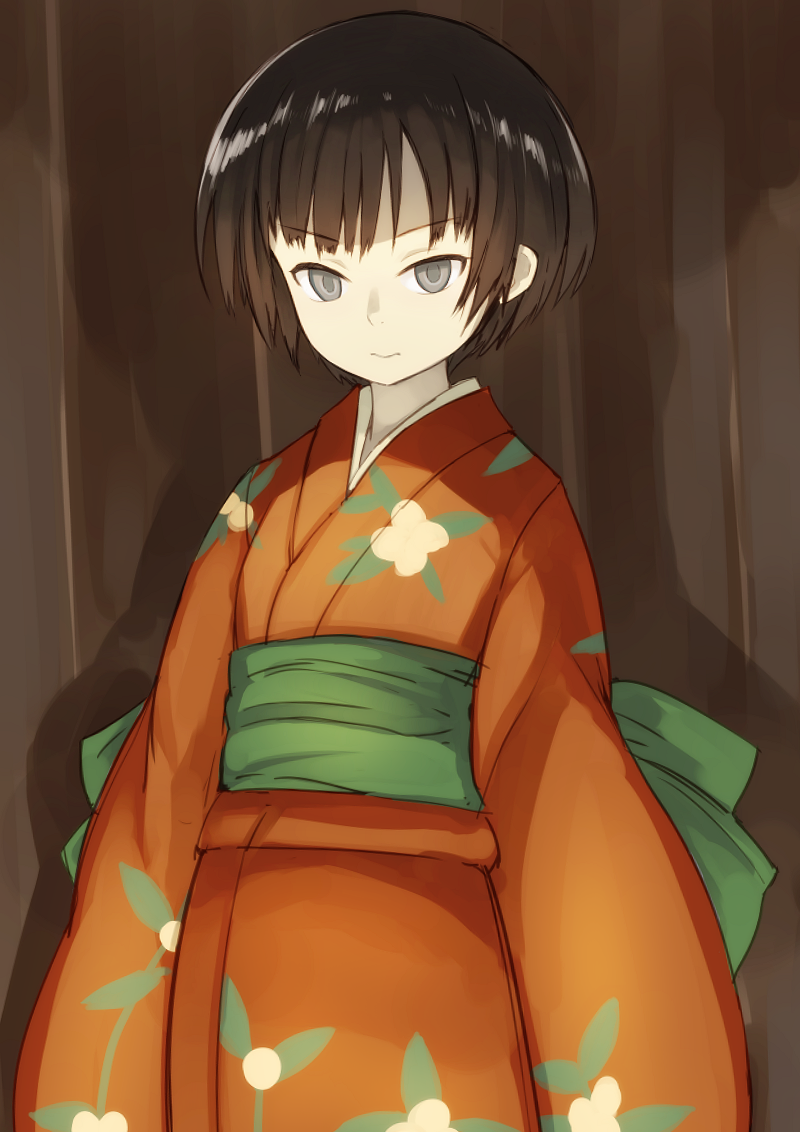 1girl, bad_id, bad_pixiv_id, black_eyes, black_hair, bob_cut, female_focus, japanese_clothes
