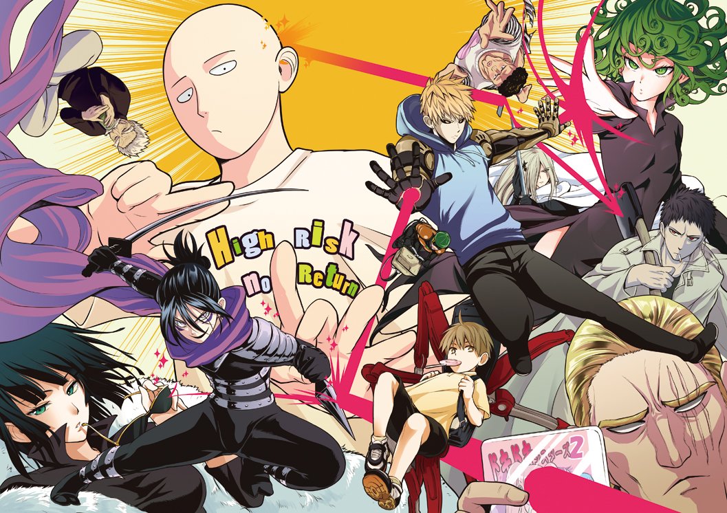 2girls, 6+boys, armor, artist_request, backpack, bag, bald, bang_(one-punch_man), black_hair, black_sclera, blonde_hair, candy, child, colored_sclera, curly_hair, cyborg, doutei_(one-punch_man), english_text, unworn_eyewear, facial_hair, folded_ponytail, food, fubuki_(one-punch_man), genos, green_eyes, green_hair, katana, king_(one-punch_man), kunai, lollipop, long_hair, looking_at_viewer, md5_mismatch, mouth_hold, multiple_boys, multiple_girls, mumen_rider, mustache, namen_rider, ninja, one-punch_man, onsoku_no_sonic, puri_puri_prisoner, saitama_(one-punch_man), scar, scar_across_eye, scar_on_face, senkou_no_flash, shoes, short_hair, siblings, sisters, sneakers, sunglasses, sword, tabi, tatsumaki, weapon, white_hair, yoshimoto_(pag_dog), zombieman