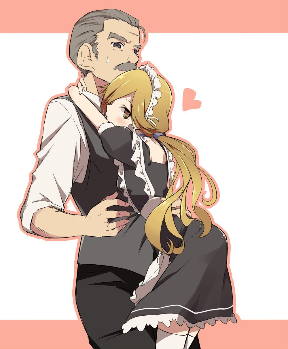 1boy, 1girl, age_difference, aizawa_shouko, blonde_hair, brown_eyes, brown_hair, facial_hair