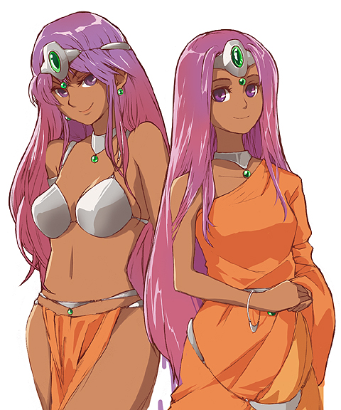 2girls, bikini, bikini_top_only, chunsoft, circlet, dark_skin, dark-skinned_female, dragon_quest, dragon_quest_iv, dress, enix, hat, long_hair, manya_(dq4), minea_(dq4), mori_yoichi, multiple_girls, orange_dress, pelvic_curtain, purple_eyes, purple_hair, siblings, sisters, swimsuit, tiara
