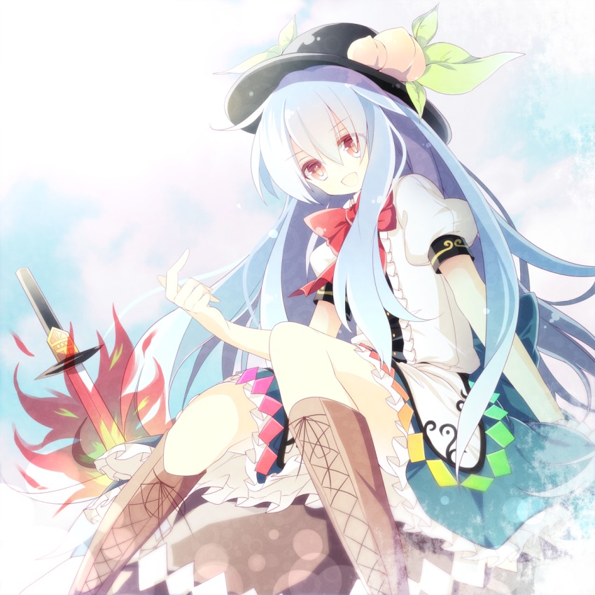 1girl, aizawa_riku, bad_id, bad_pixiv_id, blue_hair, boots, dress, female_focus, fire, food, fruit, hat, highres, hinanawi_tenshi, leaf, long_hair, open_mouth, peach, pink_hair, red_eyes, smile, solo, sword, sword_of_hisou, touhou, weapon