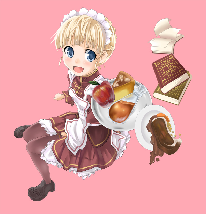 blonde_hair, blue_eyes, book, fantasy_earth_zero, food, oyu-san, solo, thighhighs