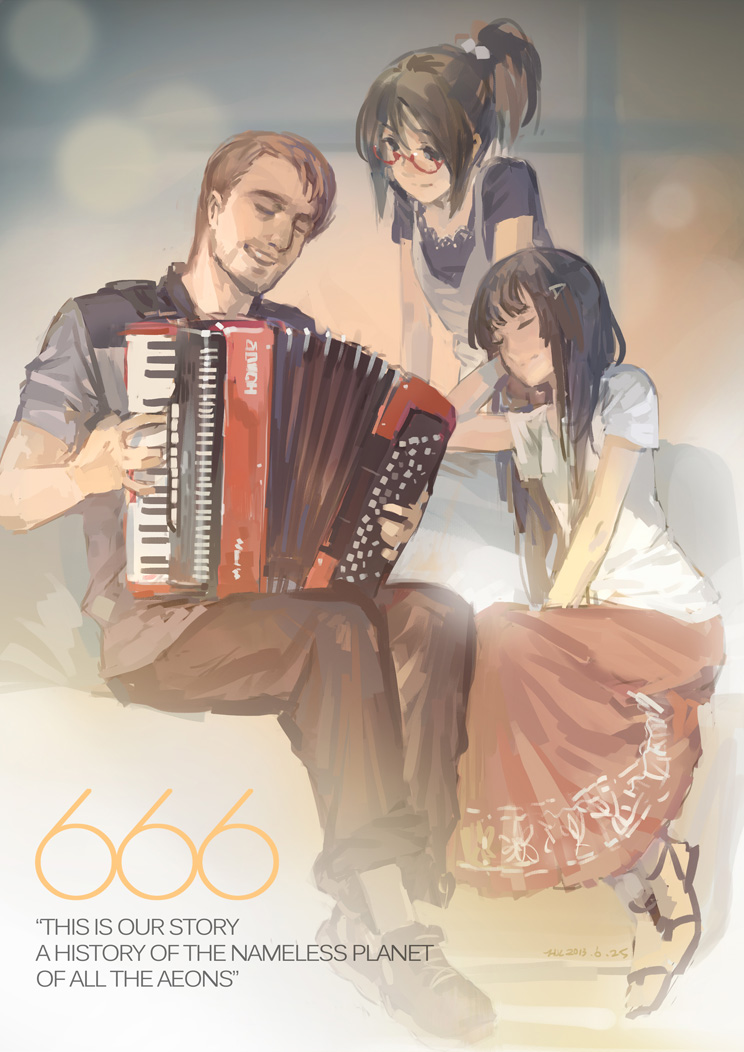 1boy, 2girls, accordion, arm_support, beard, black_hair, brown_hair, camisole