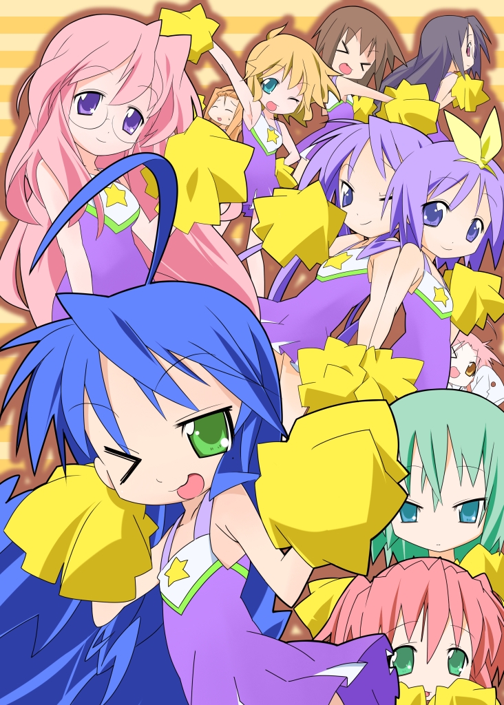 >_<, 00s, 6+girls, cheerleader, closed_eyes, cousins, everyone, glasses