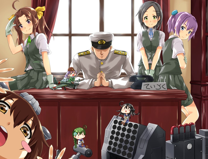 >_<, 12cm_30-tube_rocket_launcher, 4girls, admiral_(kancolle), aircraft, airplane, arai_harumaki, bike_shorts