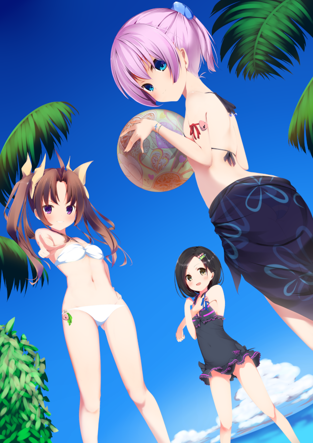 10s, 3girls, ball, beachball, bikini, black_hair, blue_eyes, blush