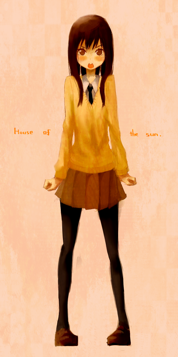 1girl, black_necktie, black_pantyhose, blush, brown_eyes, brown_hair, clenched_hands, copyright_name