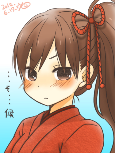 1girl, artist_name, blush, brown_eyes, brown_hair, dated, female_focus, frown, gradient_background, japanese_clothes, long_hair, looking_at_viewer, lowres, motomiya_mao, no_pupils, ponytail, ryo_(rosebud), signature, solo, taiyou_no_ie
