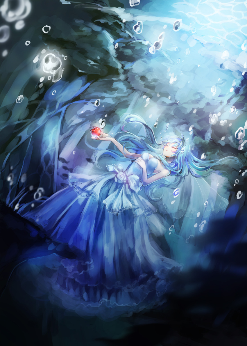 1girl, apple, aqua_hair, bubble, closed_eyes, dress, eim_(gaziko), female_focus