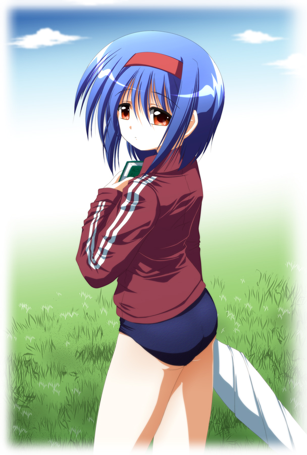 1girl, ass, blue_hair, book, buruma, f20_(funimaru), grass, hairband, jacket, little_busters!, nishizono_mio, orange_eyes, rimurimu, short_hair, track_jacket, umbrella