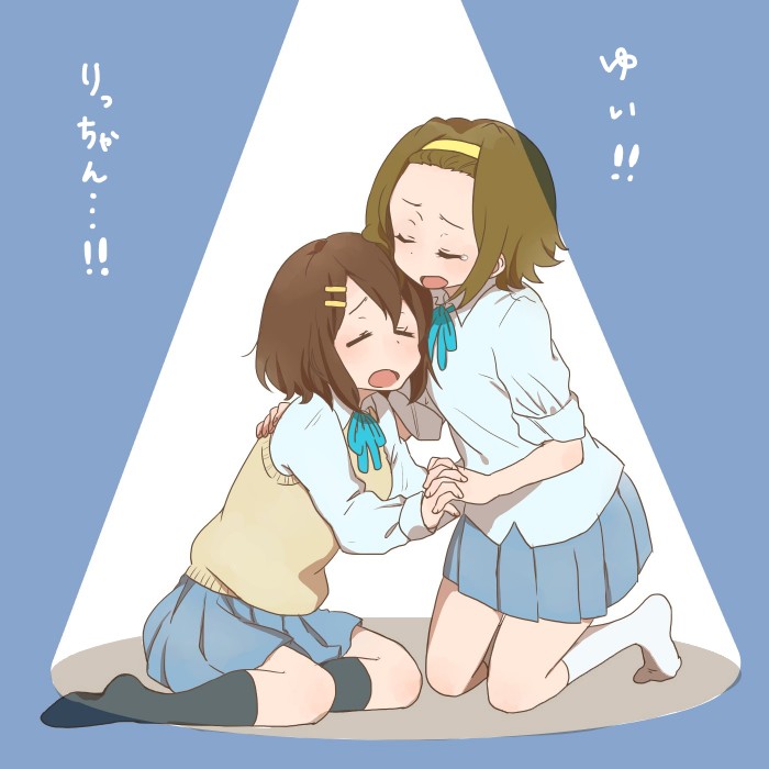 2girls, black_socks, brown_eyes, brown_hair, closed_eyes, crying, dress_shirt, hair_ornament