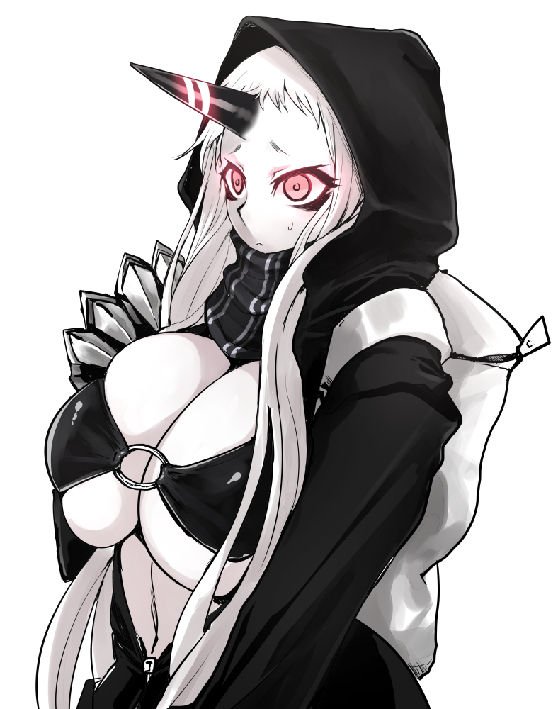 1girl, abyssal_ship, backpack, bag, breasts, claws, cleavage, cosplay, detached_sleeves, female_focus, hood, hoodie, horns, huge_breasts, jariinu_(gomasionori), kantai_collection, long_hair, monochrome, o-ring, o-ring_top, re-class_battleship, re-class_battleship_(cosplay), red_eyes, scarf, seaport_princess, simple_background, single_horn, solo, spot_color, underboob, undersized_clothes, very_long_hair, white_hair, zipper