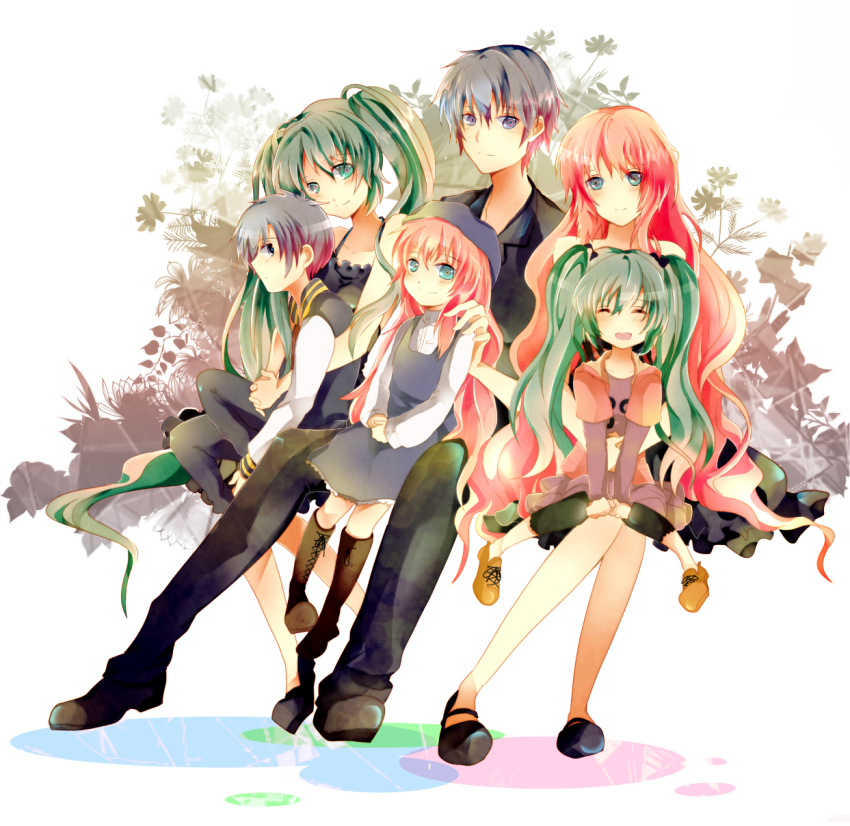 2boys, 4girls, acute_(vocaloid), aged_down, bad_id, bad_pixiv_id, blue_eyes, blue_hair