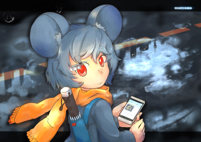 1girl, :3, android_(os), animal_ears, borisx, cellphone, closed_umbrella, female_focus