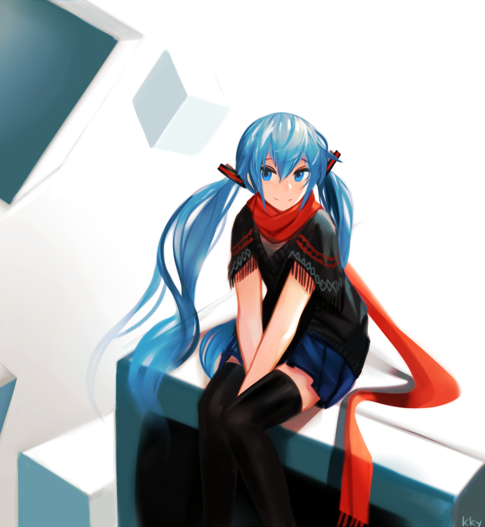 1girl, alternate_eye_color, alternate_hair_color, artist_name, black_thighhighs, blue_eyes, blue_hair, capelet