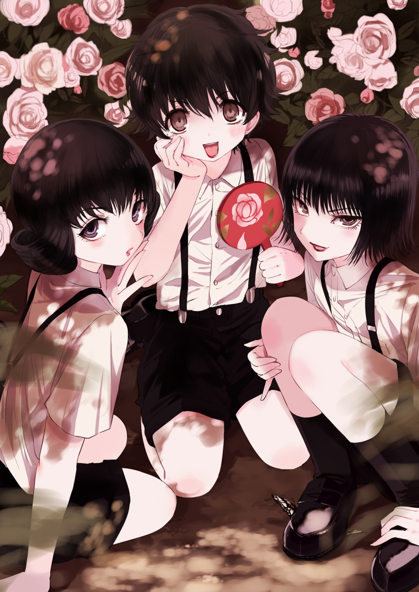 3boys, androgynous, black_hair, blouse, bug, butterfly, character_request, flower, highres, insect, jaibo_(litchi_hikari_club), lipstick, litchi_hikari_club, makeup, male_focus, maruino, multiple_boys, open_mouth, pale_skin, raizou_(litchi_hikari_club), red_eyes, ribbon, rose, school_uniform, shirt, short_hair, shorts, smile, squatting, suspenders, white_shirt, yumeshima_rei