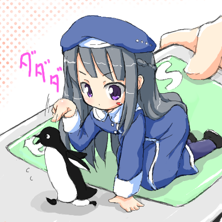 10s, 1girl, amatsuka_urara, baby_princess, bird, female_focus, half_updo, kojima_tsuma, lowres, mini_person, minigirl, penguin, poking, solo
