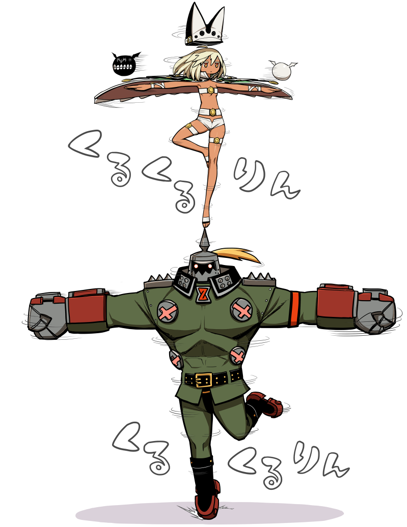 1boy, 1girl, arc_system_works, barefoot, belt, belt_bra, breasts, cape